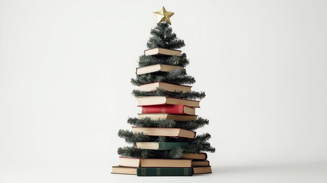DIY Christmas Tree Made of Stacked Books with Star Topper, Creative Holiday Decor, Craft-Inspired Christmas, Alternative Tree Idea
