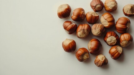Obraz premium Whole and cracked hazelnuts displayed together on a plain white surface, highlighting their natural beauty.