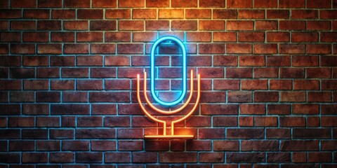 Neon sign on brick wall background podcast concept rendering for graphic design