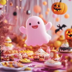 Obraz premium A whimsical pink ghost graces a delightful Halloween picnic filled with treats