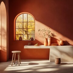 Streamlined 3D studio space featuring warm terracotta hued walls bare concrete floor and a simple product plinth  A directional shadow is cast from the window onto the countertop