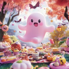 Obraz premium A playful pink ghost dances above a whimsical Halloween feast amidst autumn leaves