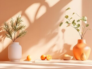 A clean modern 3D studio environment with a peach hued background an empty floor and a simple wall featuring a product podium