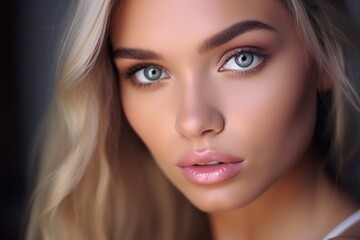 Obraz premium Young model's face in daylight. Natural makeup effect of wet skin.