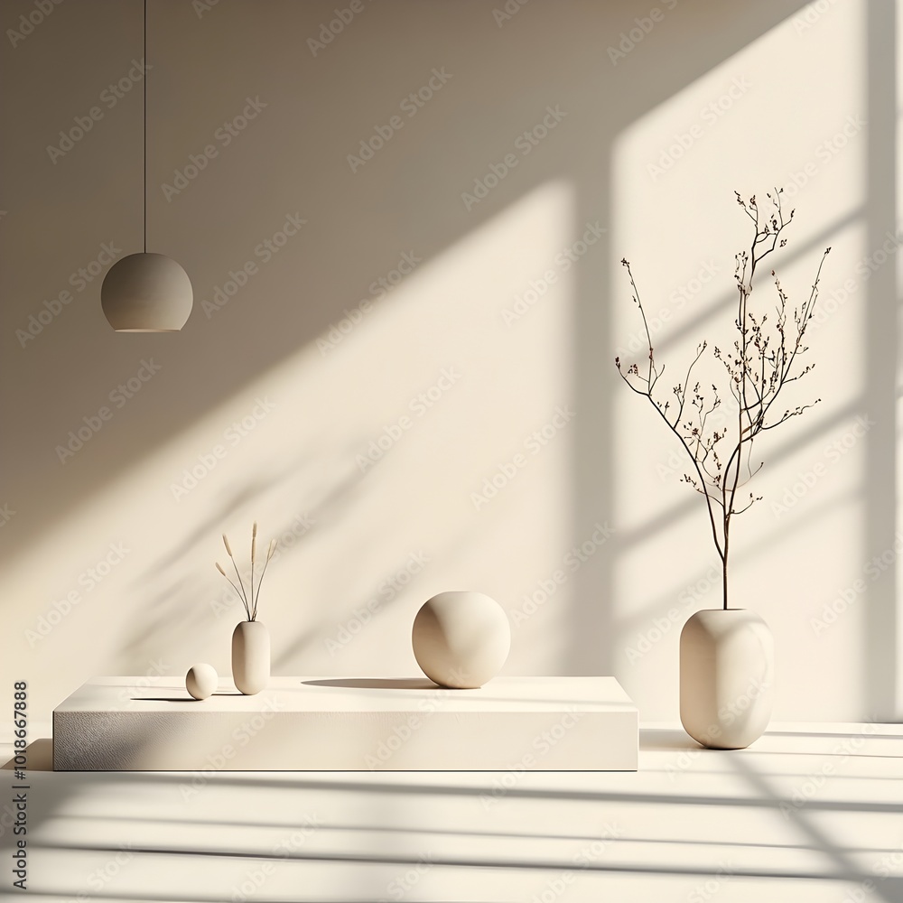 Poster minimalist 3d studio setting with bare floor and walls central product display pedestal and gentle s