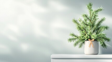 A decorative potted plant sits on a white surface against a soft, light background, adding a touch of greenery to the space.