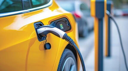 A vibrant yellow electric car plugged into a charging station, showcasing the future of eco-friendly transportation.