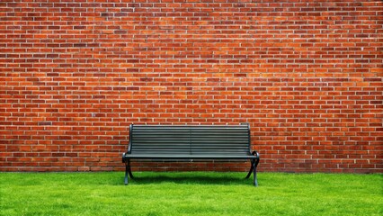 black bench by red brick wall on green lawn with long sedges