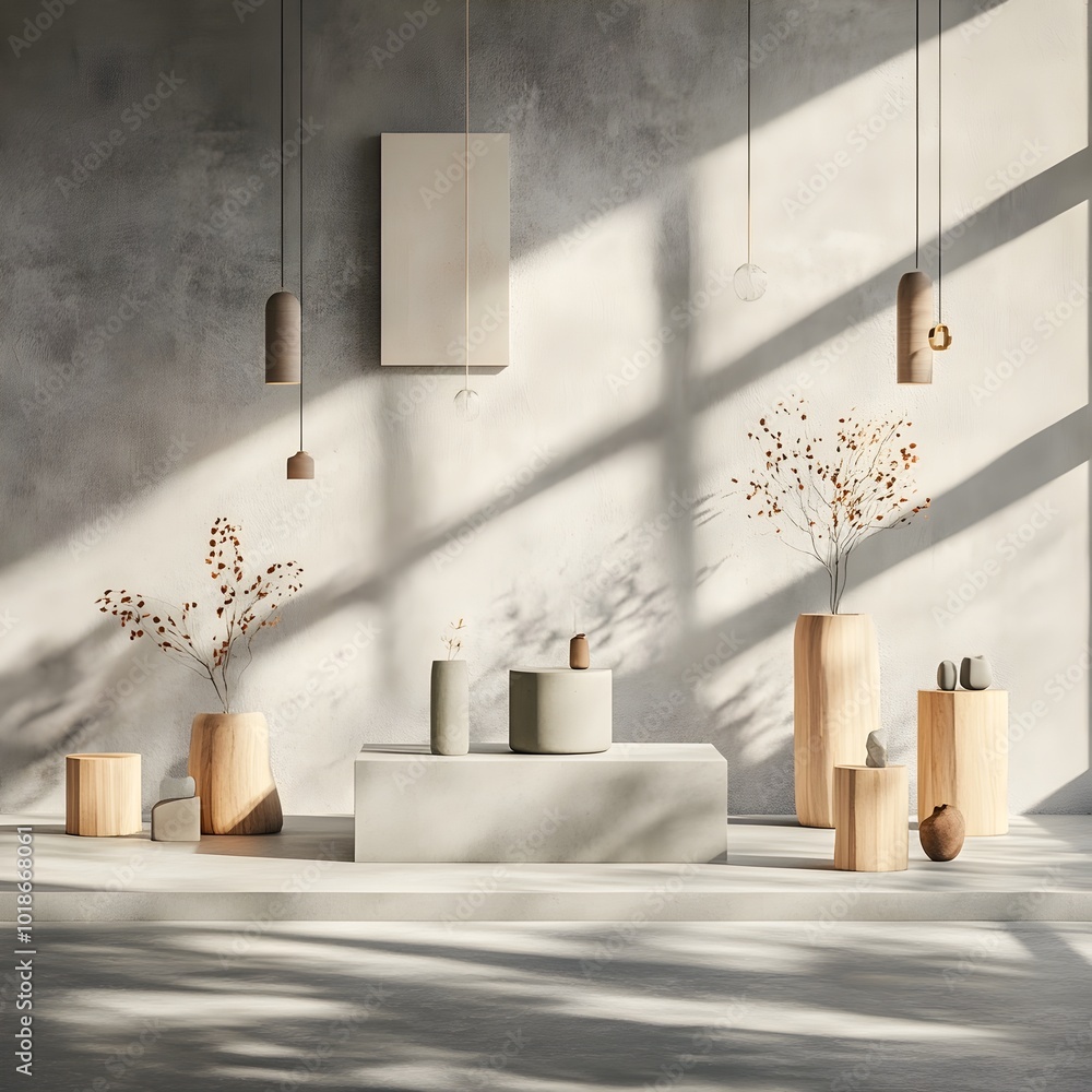 Poster sleek and modern 3d studio setting with a central pedestal display bare floor and walls and gentle s
