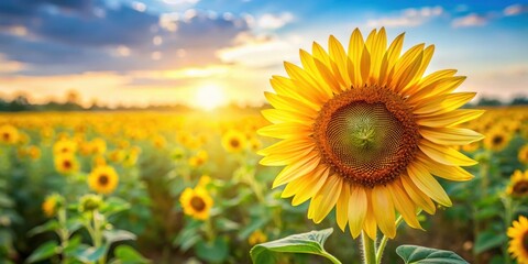 Obraz premium Vibrant sunflower blooming in the summer fields with bright yellow petals