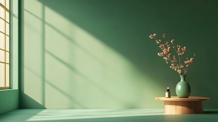 Elegant and modern 3D studio room with a minimalist hunter green background empty floor and wall and a product podium casting a soft shadow from the window light
