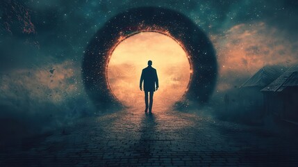 A time traveler stepping out of a futuristic portal into a medieval marketplace, time travel, past meets future