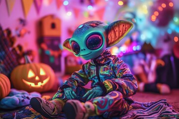 Naklejka premium A playful alien in a neon costume celebrates Halloween surrounded by colorful decorations