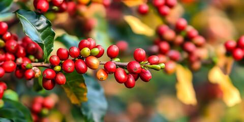 Obraz premium Closed Up Bunch of Red Ripe Coffee Cherries on Its Tree Branch Ready for Harvesting