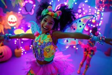A joyful fairy dances among Halloween decorations, radiating festive cheer at twilight