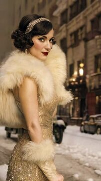 glamorous woman standing on the snowy streets of 1920s New York City during Christmas. She is dressed in a stunning vintage flapper gown with intricate beadwork, a fur shawl, and long gloves, exuding