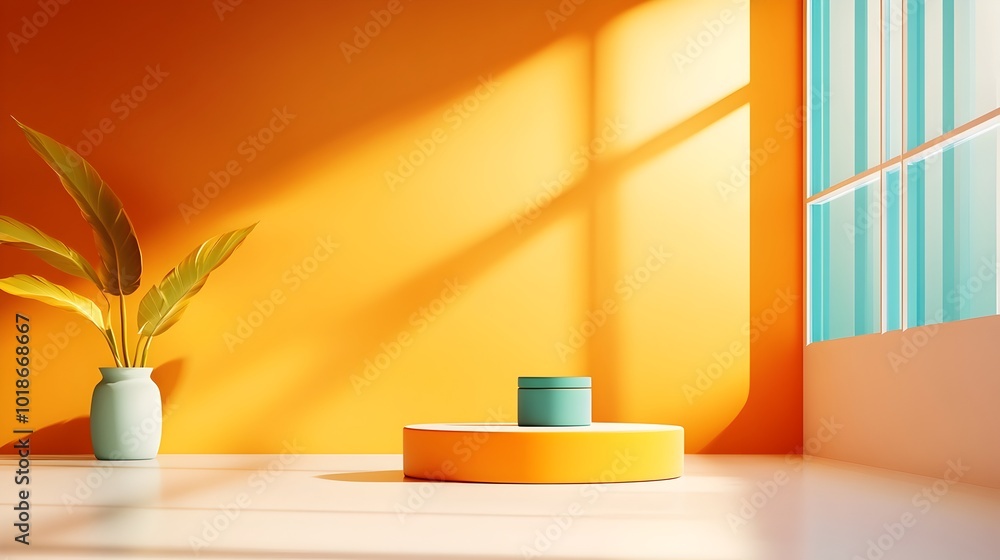 Aufkleber sunlit 3d studio room with saffron background empty floor and wall product podium shadow overlay fro