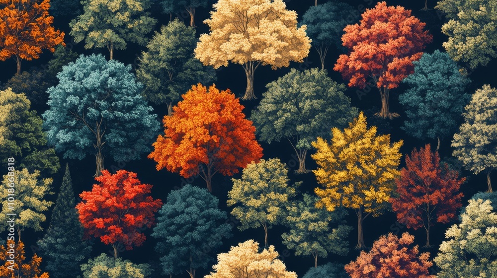 Poster an overhead view of a forest with trees of various colors.