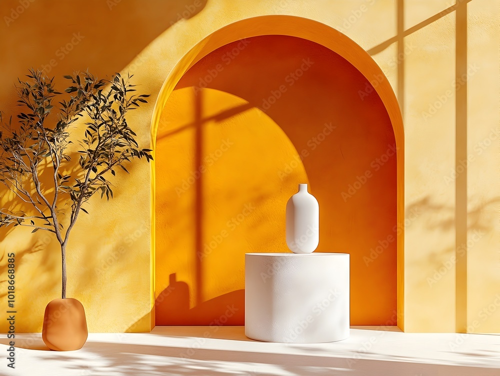 Poster minimalist 3d studio setting with saffron colored walls and floor centrally placed product display p