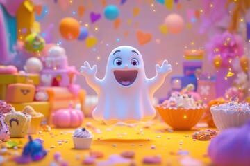 Obraz premium A playful ghost enjoys a cosmic celebration filled with candy and colorful decorations