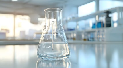 A single Erlenmeyer flask filled with a clear liquid sits on a white table in a laboratory setting. The flask is in focus and the background is blurred.