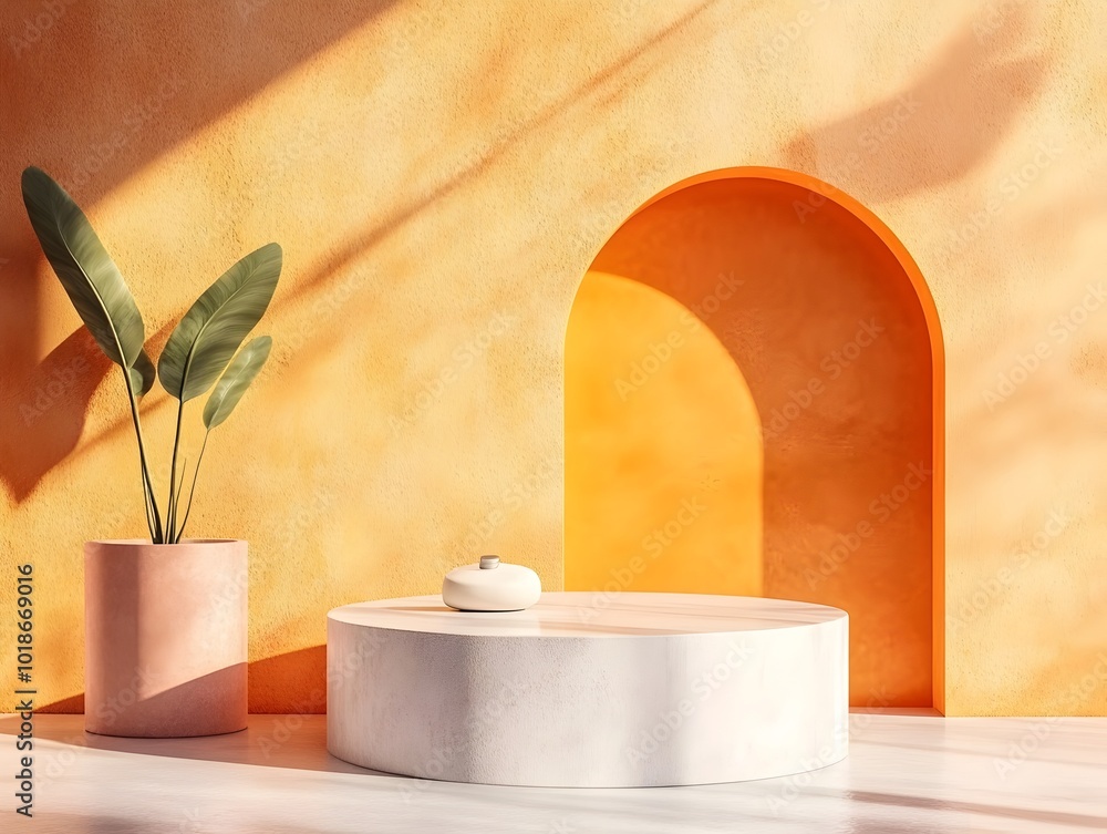 Poster minimalist 3d studio setting featuring saffron colored walls and floor a centrally placed product di