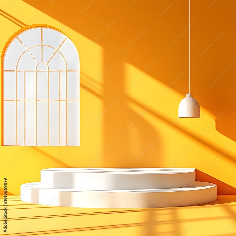 Aufkleber bright 3d studio space with saffron backdrop clean empty room with raised platform directional windo