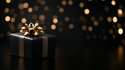 Black gift box with golden ribbon bow on dark bokeh background with copy space, black friday discounts concept