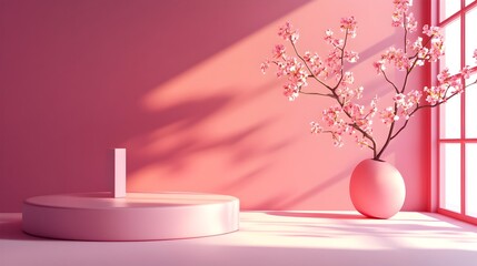 Elegant and minimalist 3D studio room with plum colored background empty floor and wall featuring a product podium with shadow overlay and warm natural sunlight casting onto the countertop