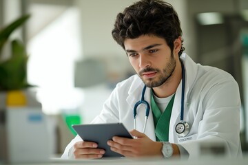 Young doctor in a medical clinic reviewing patient information on a tablet while wearing a white coat and stethoscope in a modern healthcare setting