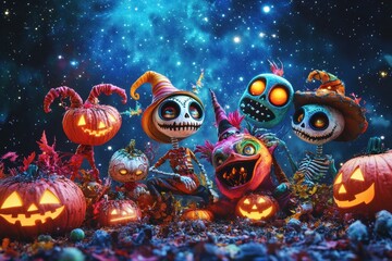 A whimsical gathering of otherworldly creatures celebrating Halloween under a starry sky
