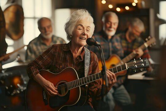Elderly woman with short white hair passionately singing while playing guitar with elderly musicians in a cozy venue during a lively jam session