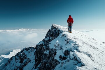 A climber reaches the snowy peak of a mountain under a clear blue sky, reflecting a successful ascent on this breathtaking winter day