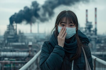 A young woman wearing a mask amid industrial smoke on a city rooftop during overcast weather in a bustling urban environment