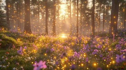 Obraz premium Enchanted forest with flowers and glowing lights.