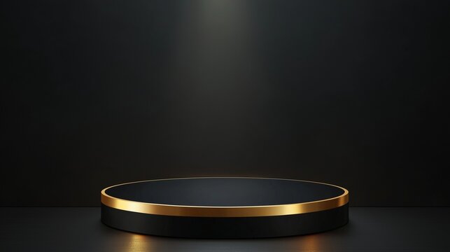Black round podium product stage on black background of a spotlight