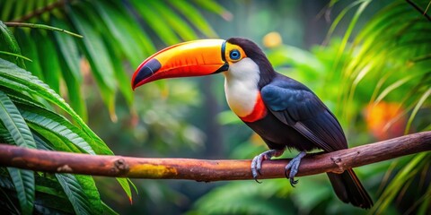 Obraz premium Colorful Toucan Perched on Branch in Tropical Rainforest with Bright Orange Beak