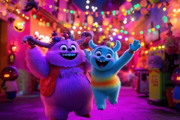 Fototapeta premium Whimsical Halloween dance party under vibrant lights with joyful creatures