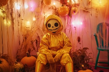 A whimsical Halloween escape room adventure featuring a golden skeleton in a pumpkin patch