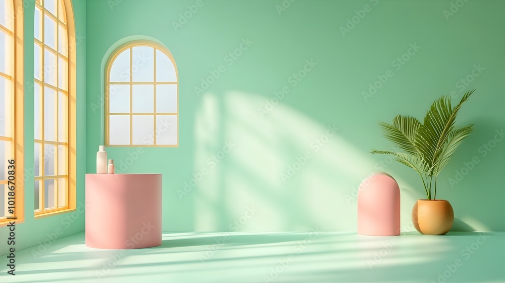 Poster serene 3d studio room setting with a seafoam green background empty floor and wall product podium so