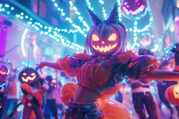Filled with eerie excitement, a whimsical Halloween parade unfolds under colorful lights