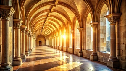 Fototapeta premium Historical Grandeur Sunlit Stone Corridor with Majestic Arches and Columns