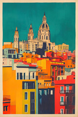 Madrid, Spain, color wood block print effect. Woodblock printing. Graphic designed, illustration for travel poster, card, wallpaper, backdrop or banner. Modern, clear, artistic and simple