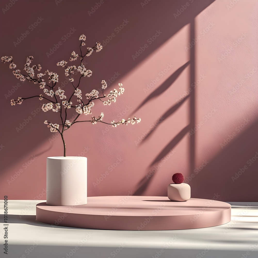 Poster minimalist 3d studio scene featuring a mauve wall an empty floor and a podium with a product mockup 