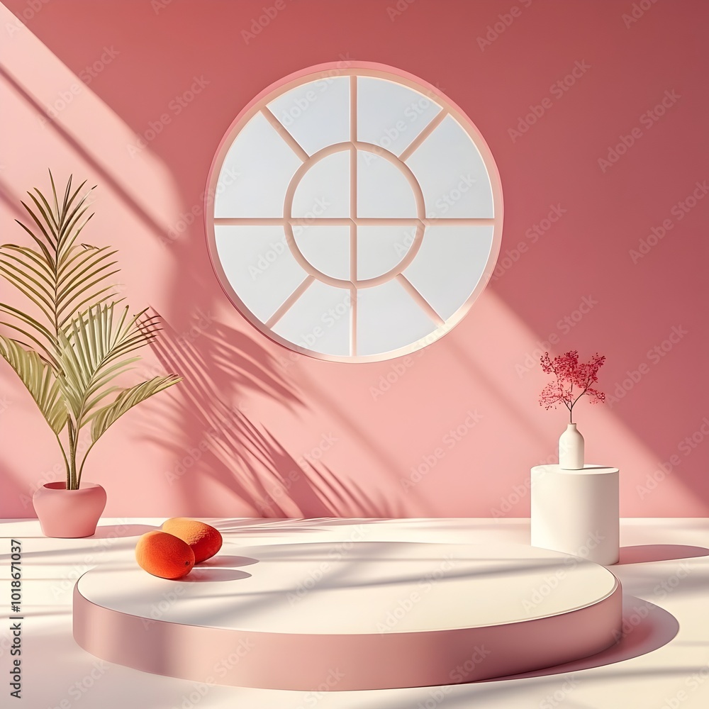 Poster elegant minimal 3d studio scene featuring a mauve wall empty podium and subtle window shadow on the 
