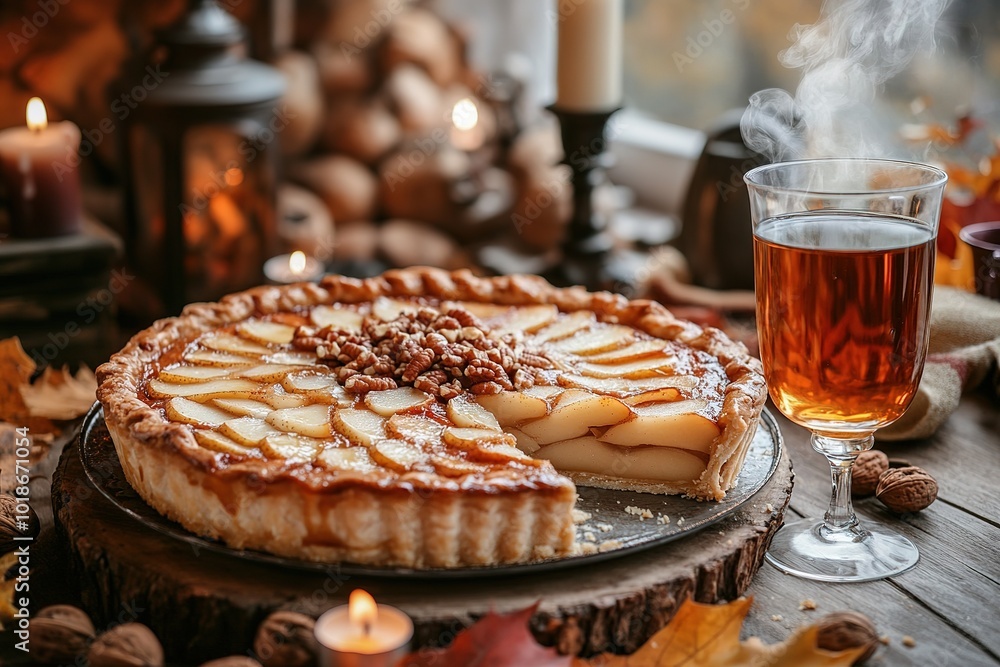 Wall mural Apple pie decorated with lattice overhead shot, fall baking concept