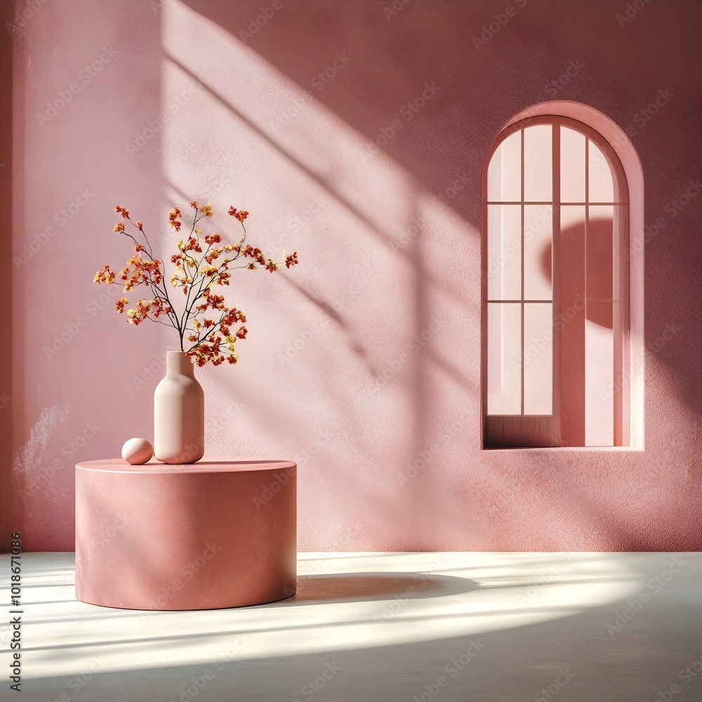 Poster minimalist 3d studio scene featuring a mauve colored wall an empty floor and a podium a window casts
