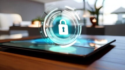 Holographic Lock Symbol Emitting from Tablet Screen - Powered by Adobe