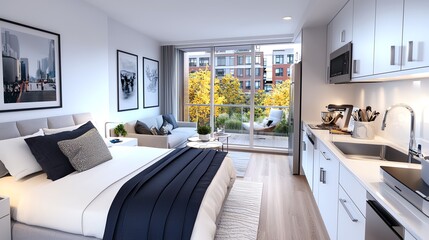 A modern, minimalist bedroom featuring a comfortable bed, stylish decor, and a cozy kitchenette, with large windows offering a view of nature.