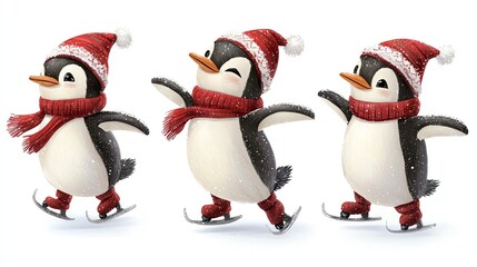 Fototapeta premium Playful penguins on ice skates, wearing festive hats and scarves, enjoying winter fun.